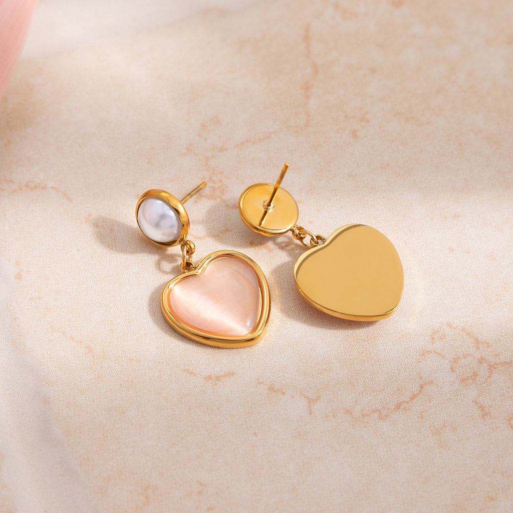 Stainless steel electroplated 18K gold pearl pink cat's eye stone earrings