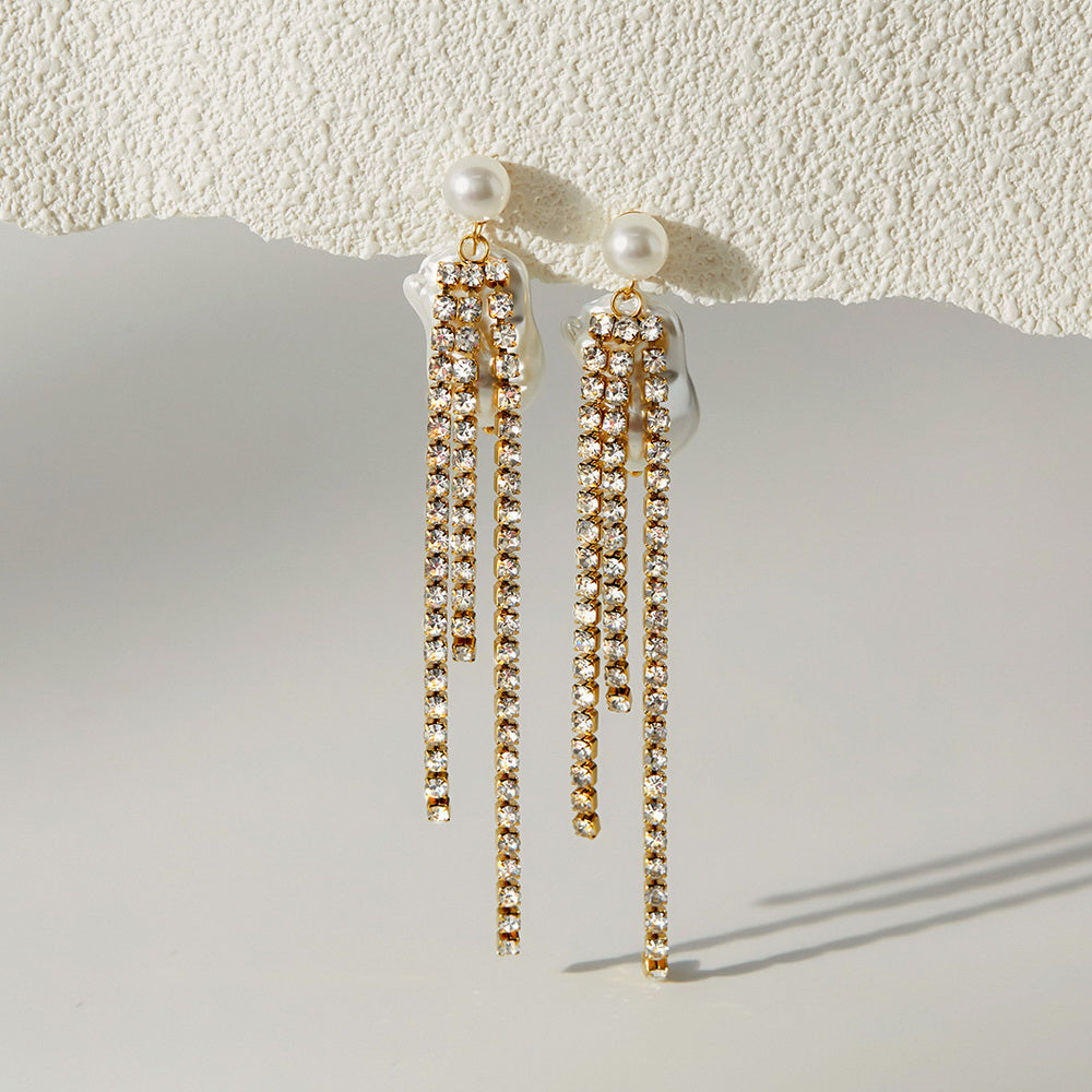 Golden stainless steel, white rhinestone tassels, Baroque pearl earrings