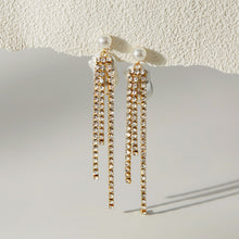 Load image into Gallery viewer, Golden stainless steel, white rhinestone tassels, Baroque pearl earrings