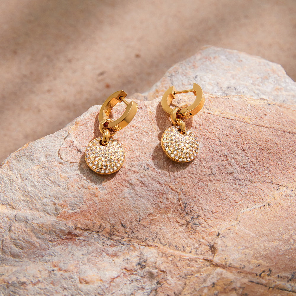 Golden stainless steel white diamond round pendant earrings