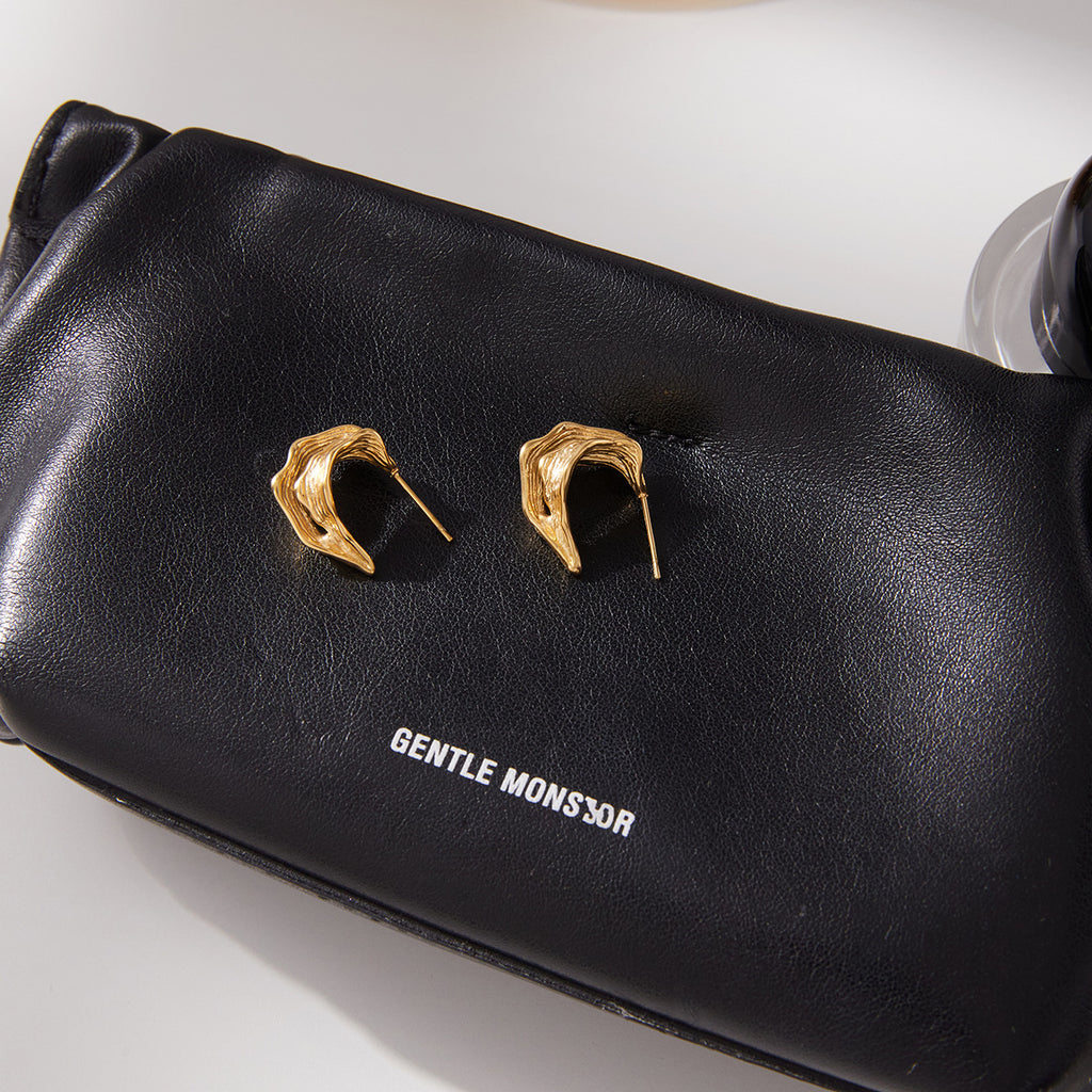 Golden stainless steel wavy hollow C-shaped ring earrings