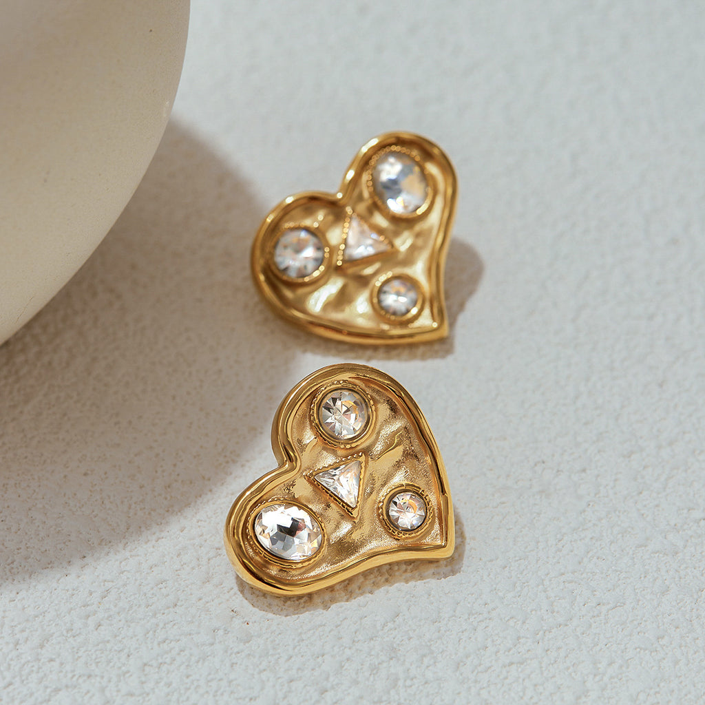 Golden stainless steel heart-shaped zirconium-set earrings
