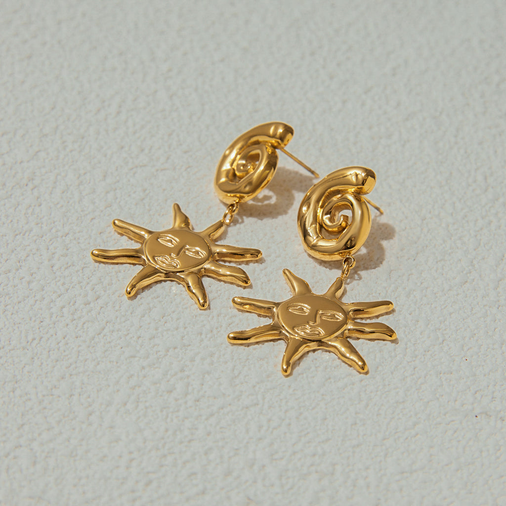 Golden stainless steel sun pendant earrings