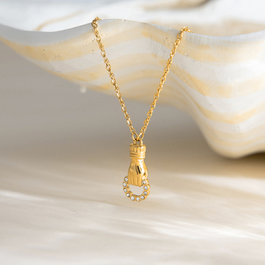 18K gold stainless steel white rhinestone Friendship hand round hollow pendant necklace