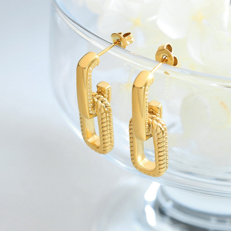 Stainless steel gold-plated geometric square-framed texture earrings