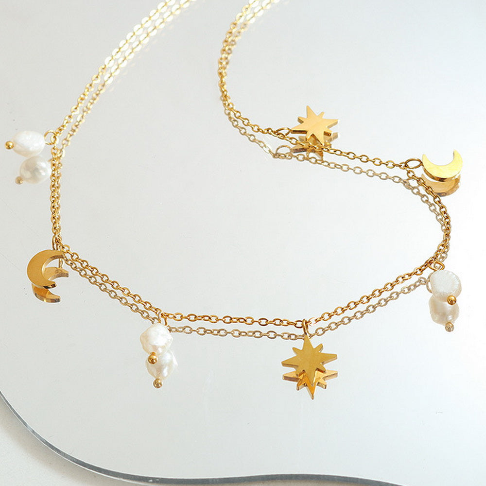 Stainless steel star Moon natural freshwater pearl pendant necklace collarbone chain