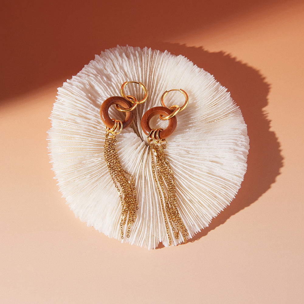 Wooden tassel stainless steel earrings