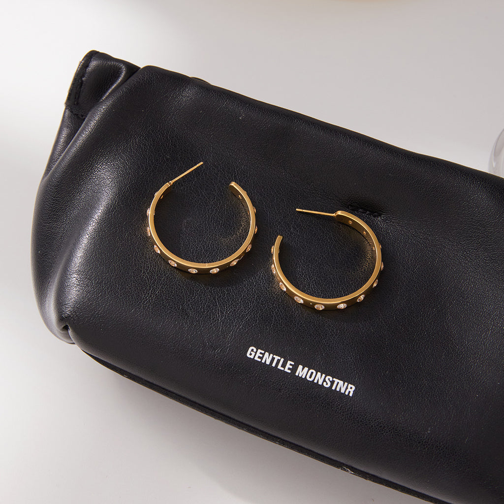 Golden stainless steel zircon C-shaped earrings