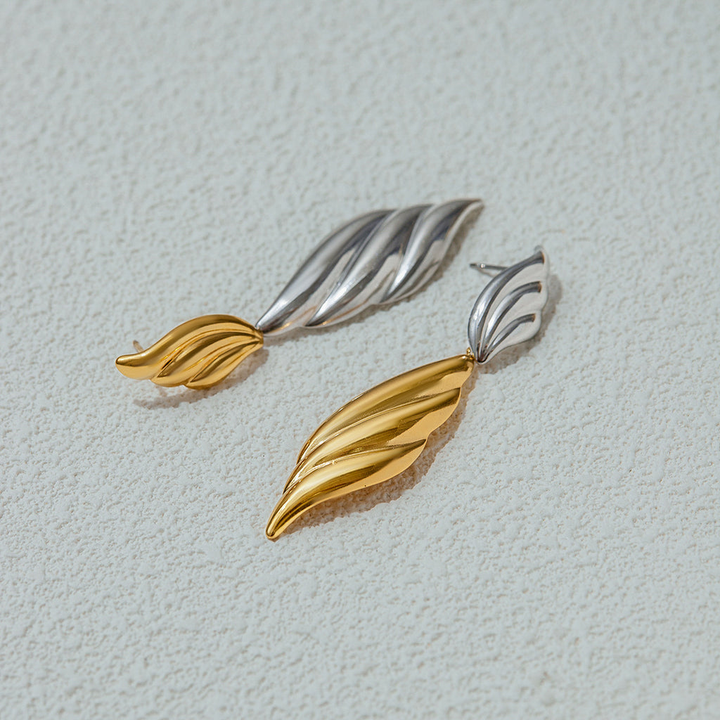 Stainless steel gold and silver color-matched leaf pendant earrings