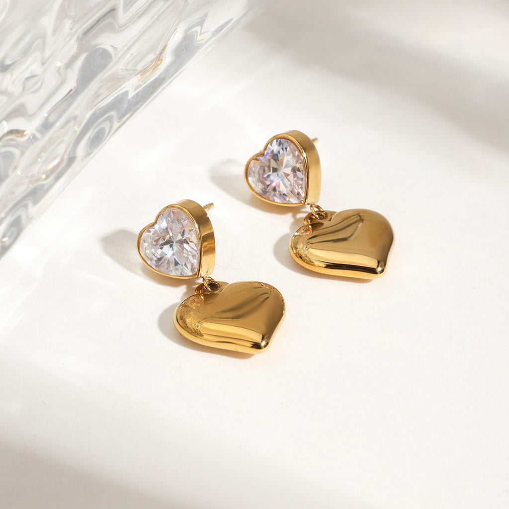 18K gold stainless steel zirconium-encrusted heart pendant earrings