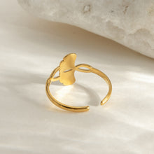 Load image into Gallery viewer, A stainless steel electroplated 18K gold line wound with ginkgo leaf adjustable opening ring