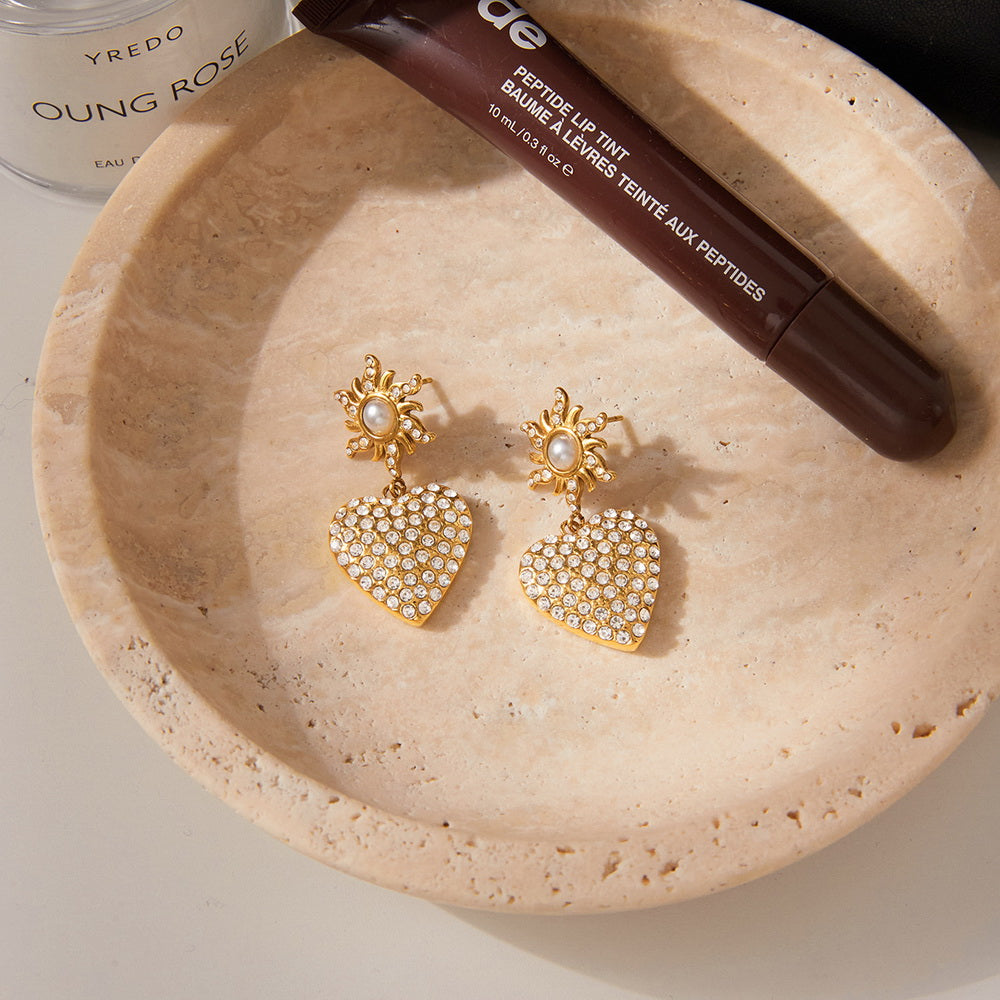 Golden stainless steel pearl heart-shaped rhinestone pendant earrings