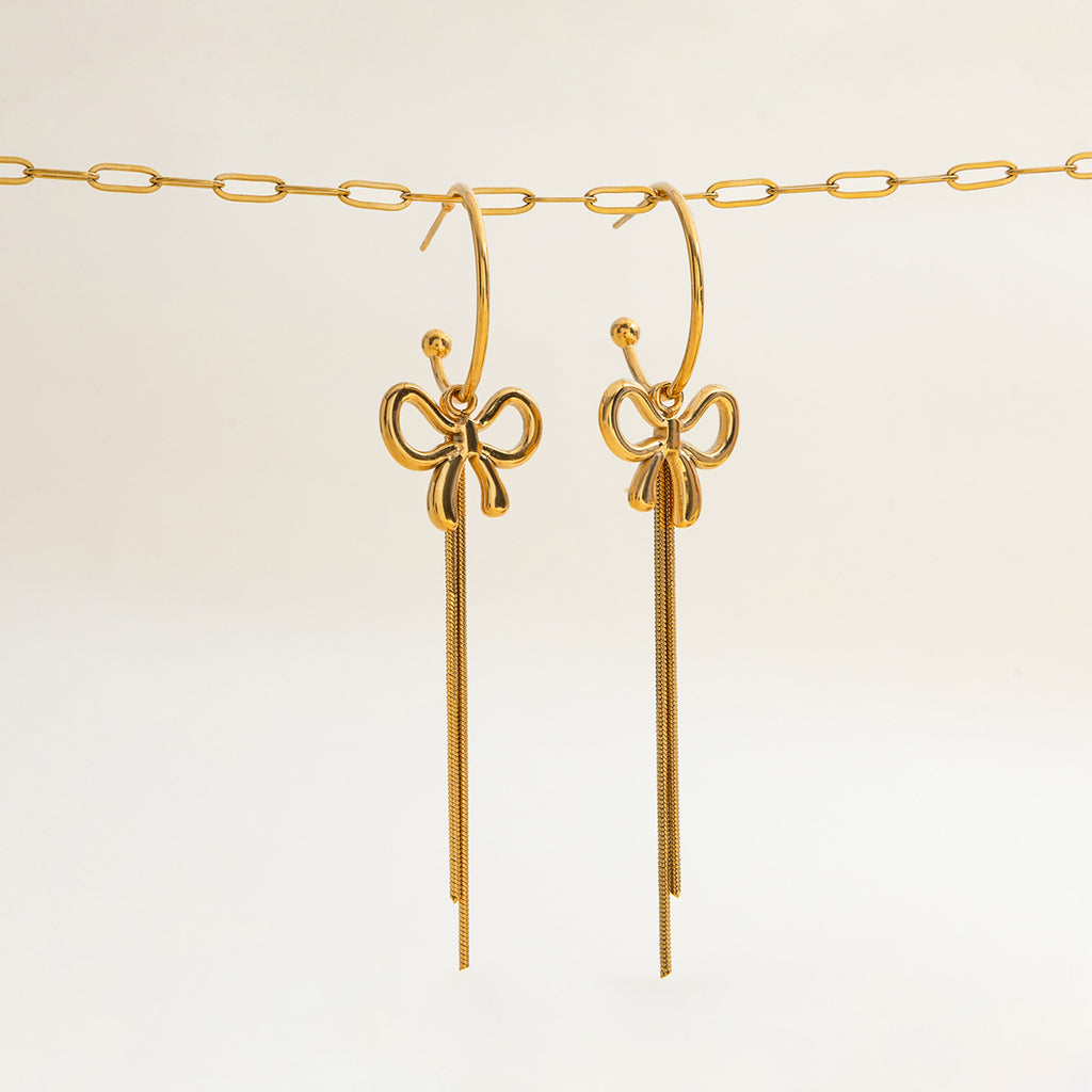 18K gold stainless steel hollow bow tassel C-shaped earrings