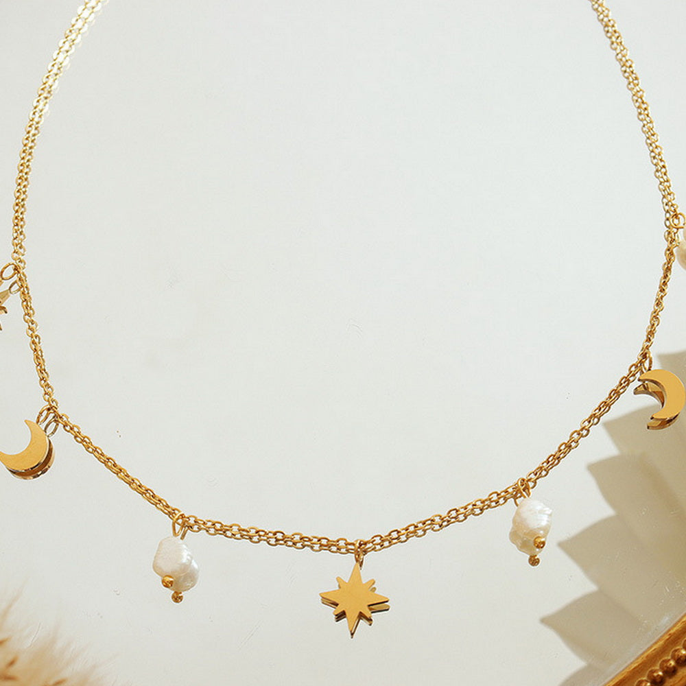 Stainless steel star Moon natural freshwater pearl pendant necklace collarbone chain