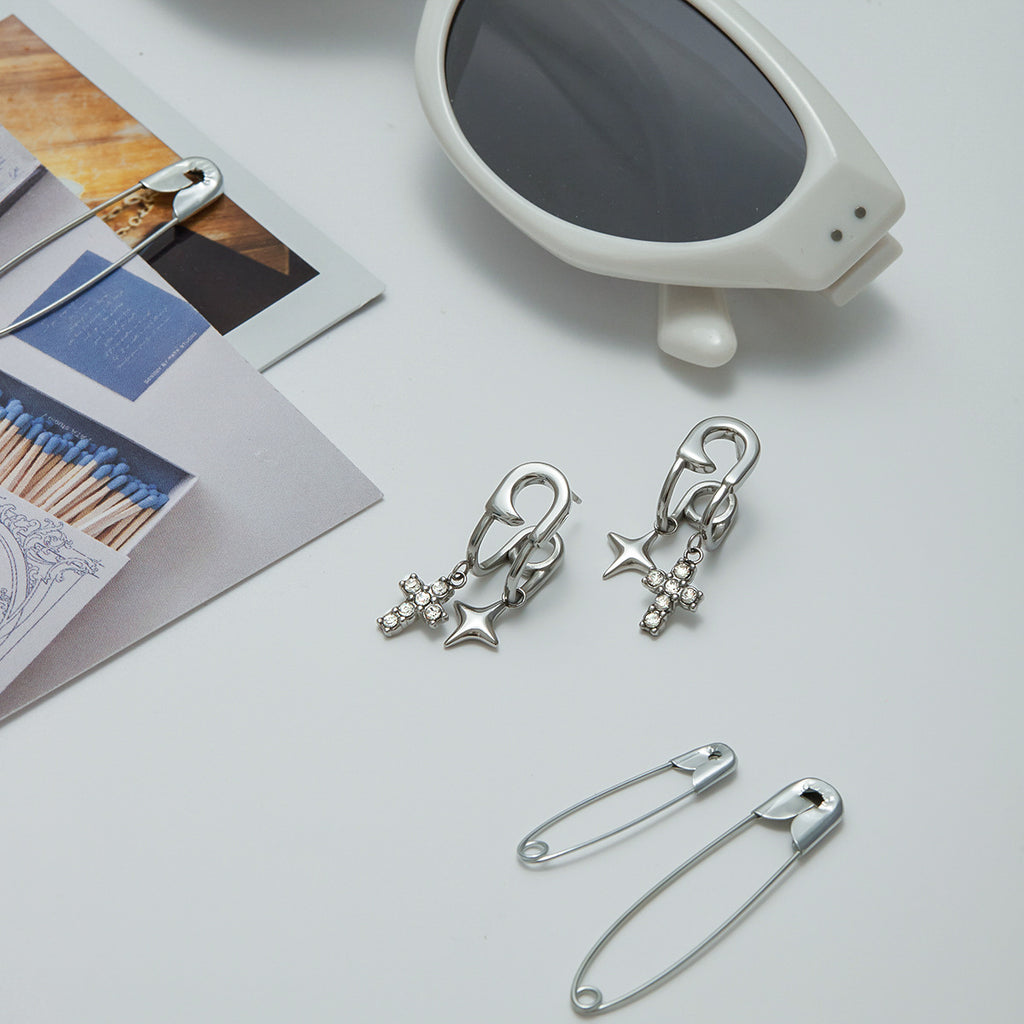 Stainless steel cross zircon pendant earrings