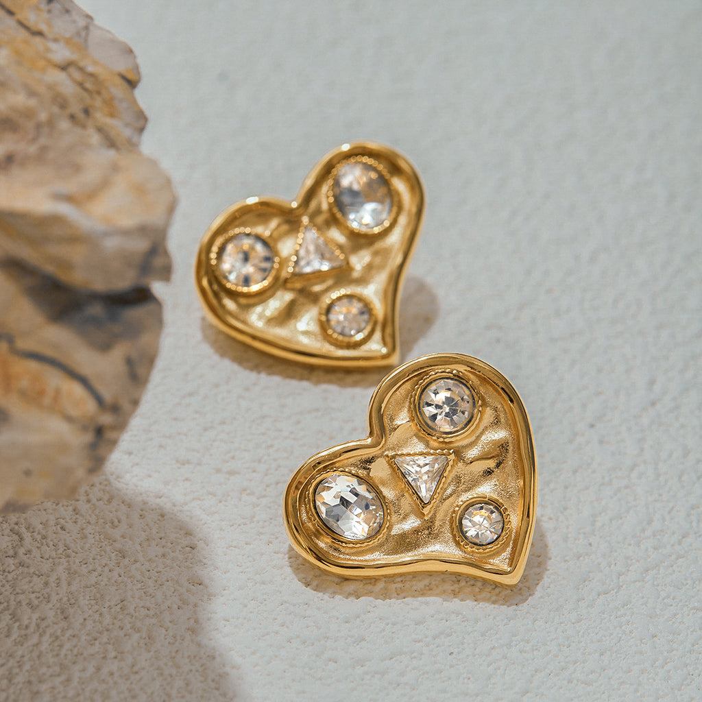 Golden stainless steel heart-shaped zirconium-set earrings