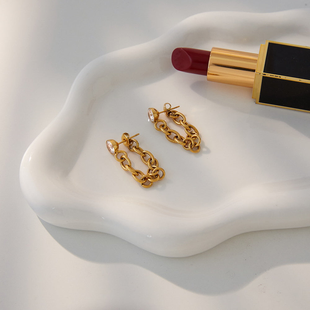 Stainless steel zircon chain tassel earrings