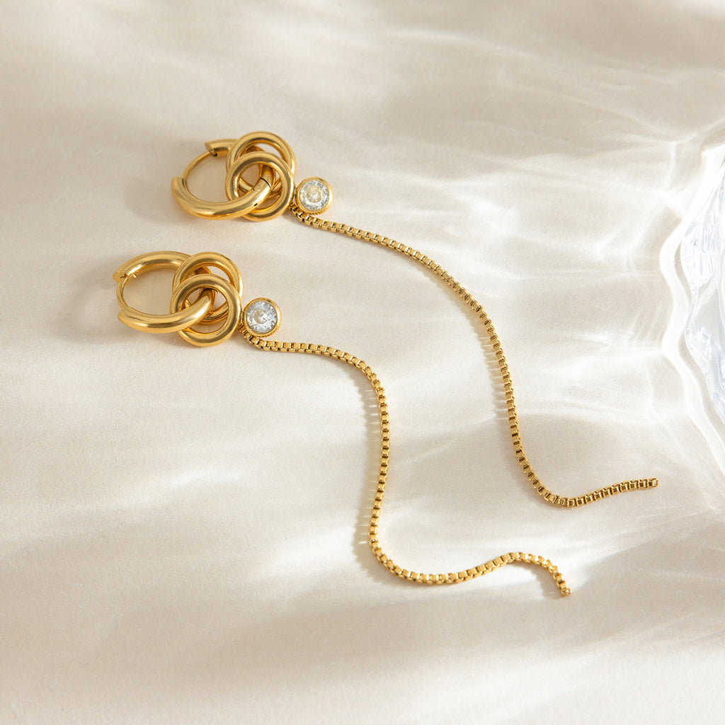 Stainless steel diamond-encrusted fringed earrings