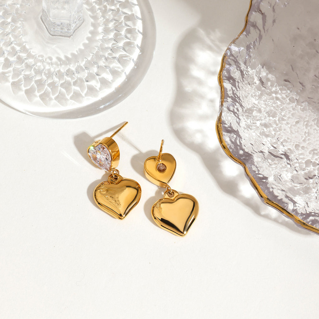18K gold stainless steel zirconium-encrusted heart pendant earrings