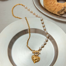 Load image into Gallery viewer, Stainless steel heart-shaped pendant, pearl chain, OT buckle necklace