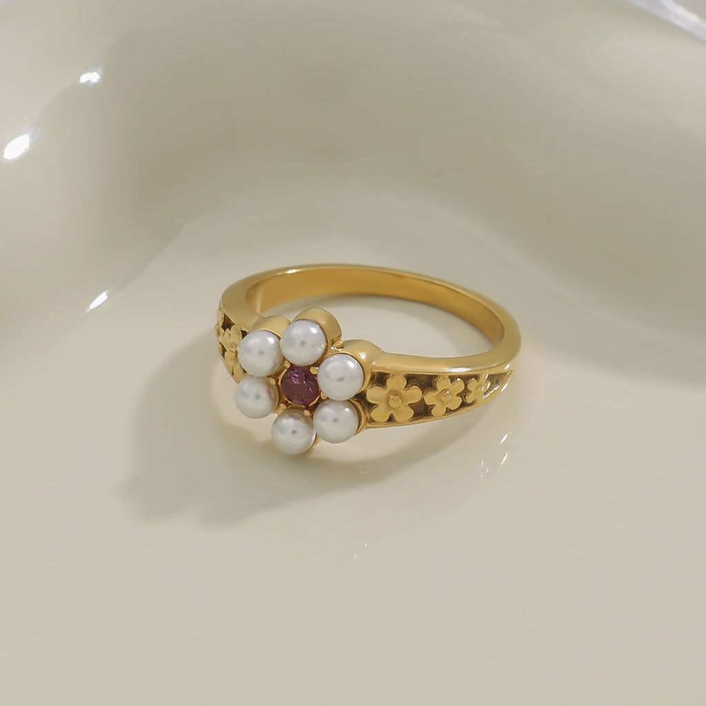 Stainless steel pearl flower ring set with zirconium
