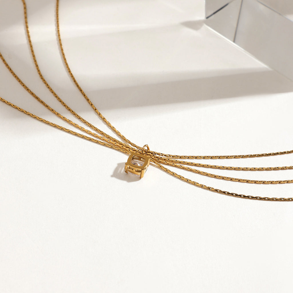 Stainless steel square zircon pendant four-layer chain necklace