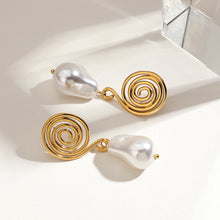 Load image into Gallery viewer, 18K gold stainless steel spiral circle imitation pearl pendant earrings