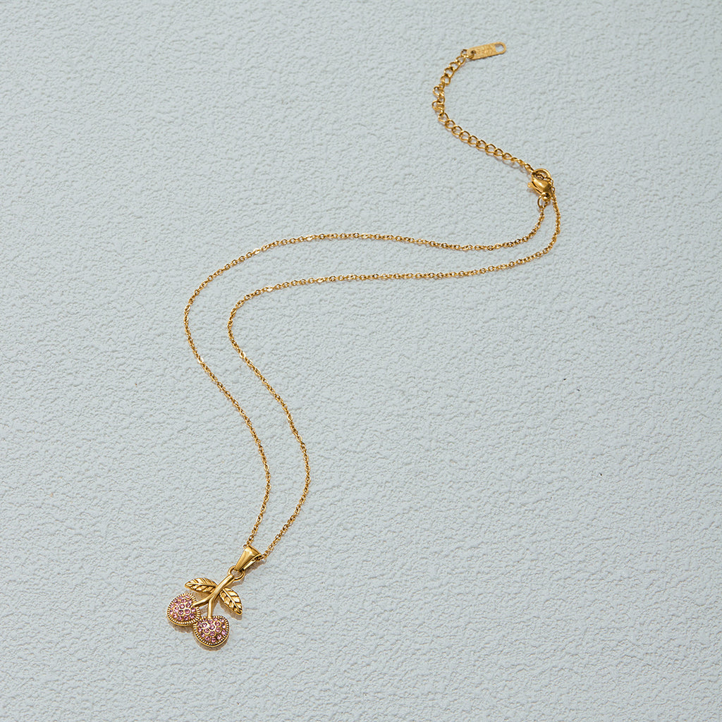 Stainless steel cherry pink zircon necklace