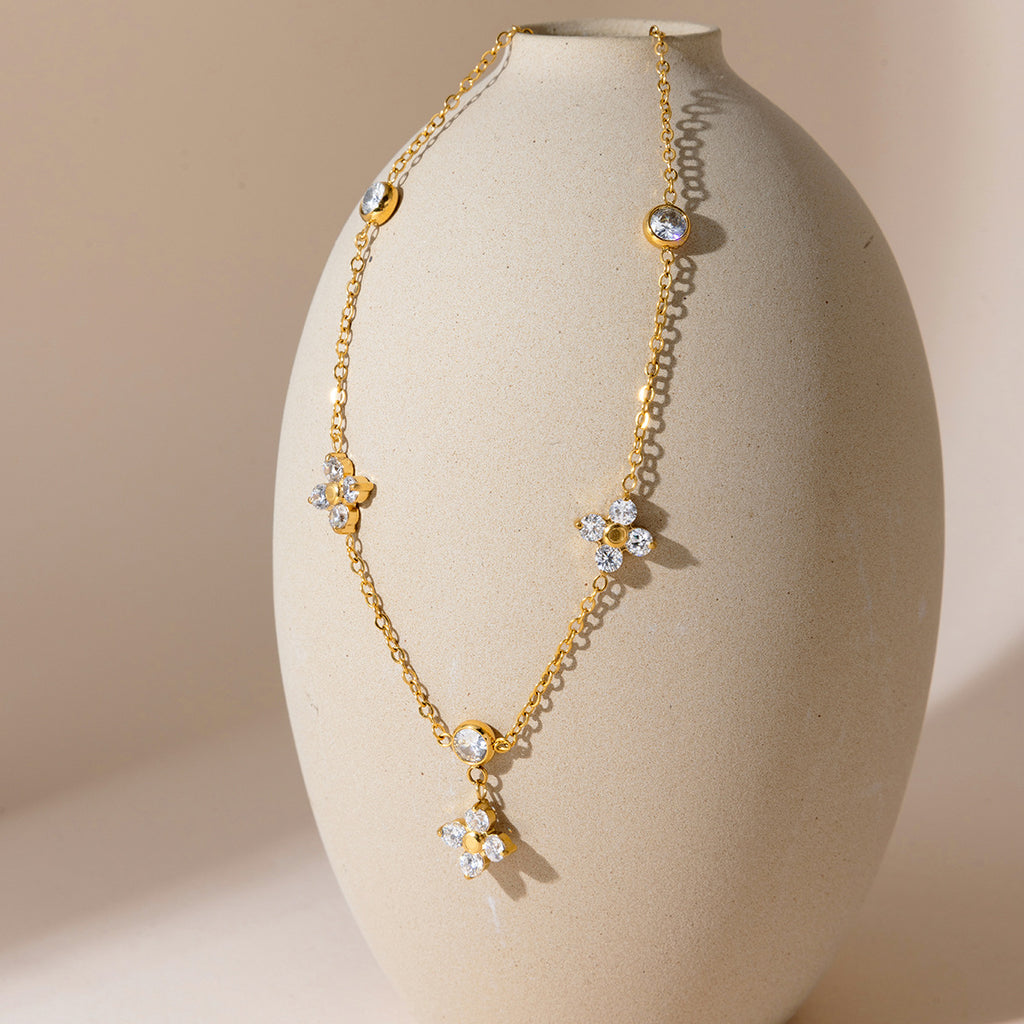 18K stainless steel white zircon four-leaf clover necklace