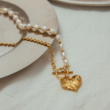 Load image into Gallery viewer, Stainless steel heart-shaped pendant, pearl chain, OT buckle necklace