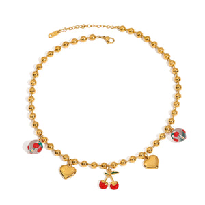 Stainless steel heart-shaped cherry pendant necklace