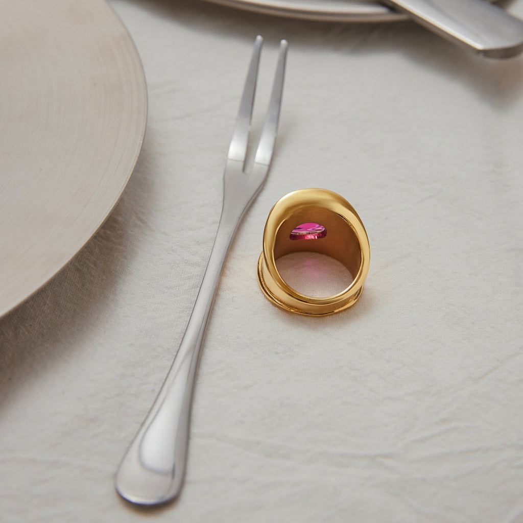 Stainless steel rose red zircon ring
