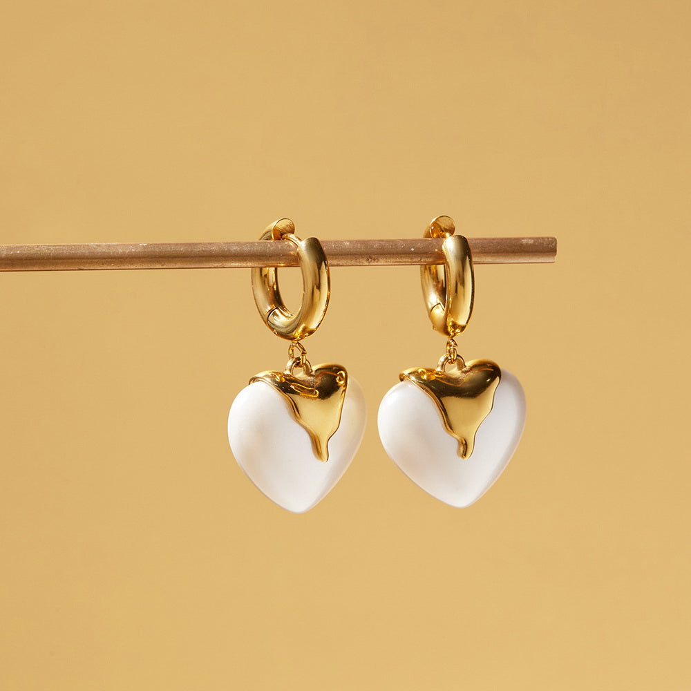 Heart-shaped resin pearl pendant stainless steel earrings