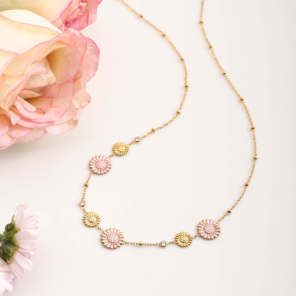 18K gold stainless steel pink Daisy necklace