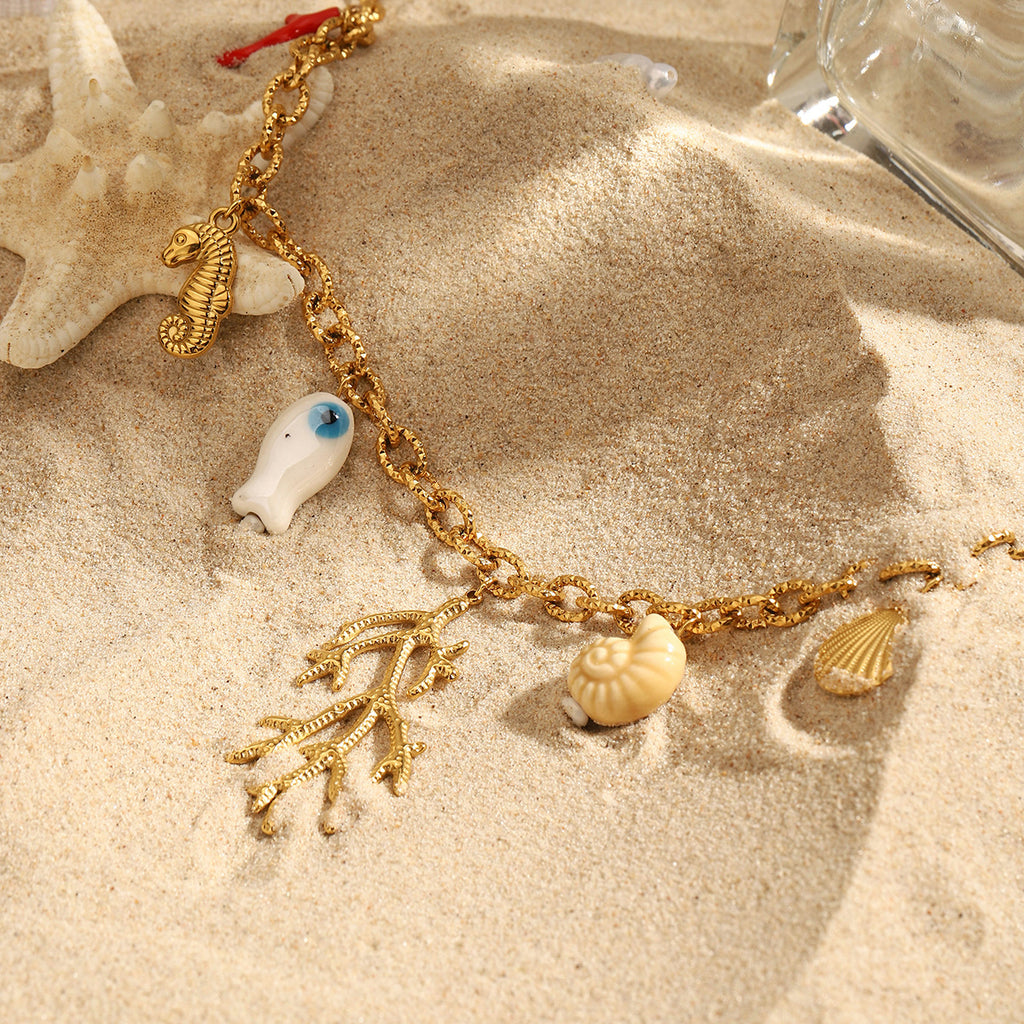 Marine beach coral shell pendant stainless steel necklace