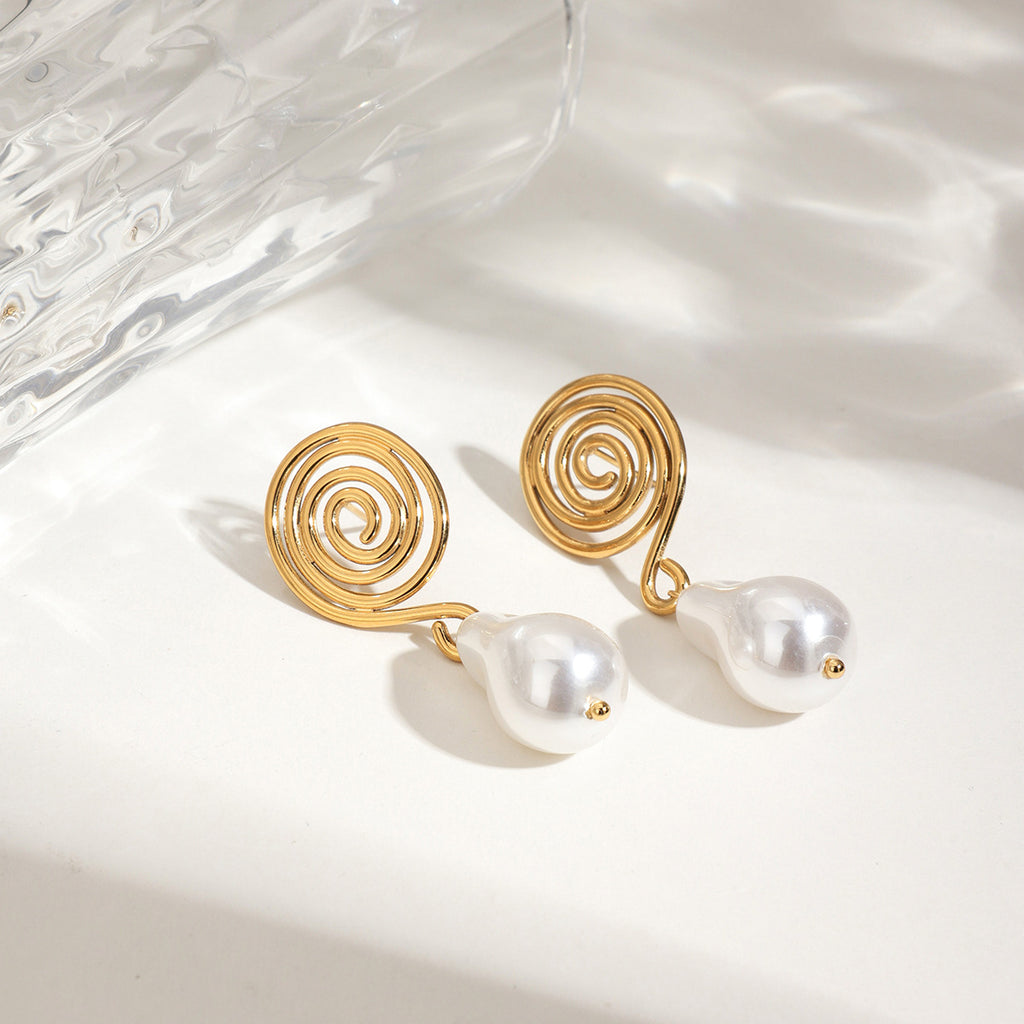 18K gold stainless steel spiral circle imitation pearl pendant earrings