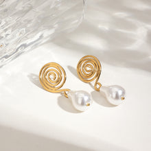 Load image into Gallery viewer, 18K gold stainless steel spiral circle imitation pearl pendant earrings