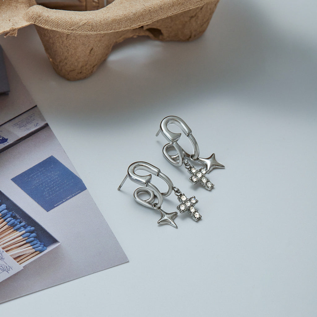 Stainless steel cross zircon pendant earrings