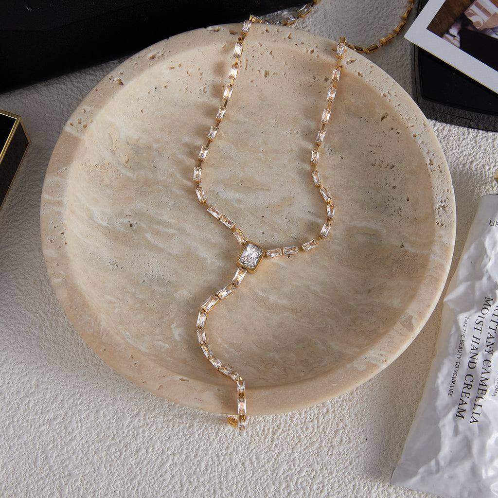 Golden stainless steel zircon Y-shaped autumn and winter long necklace