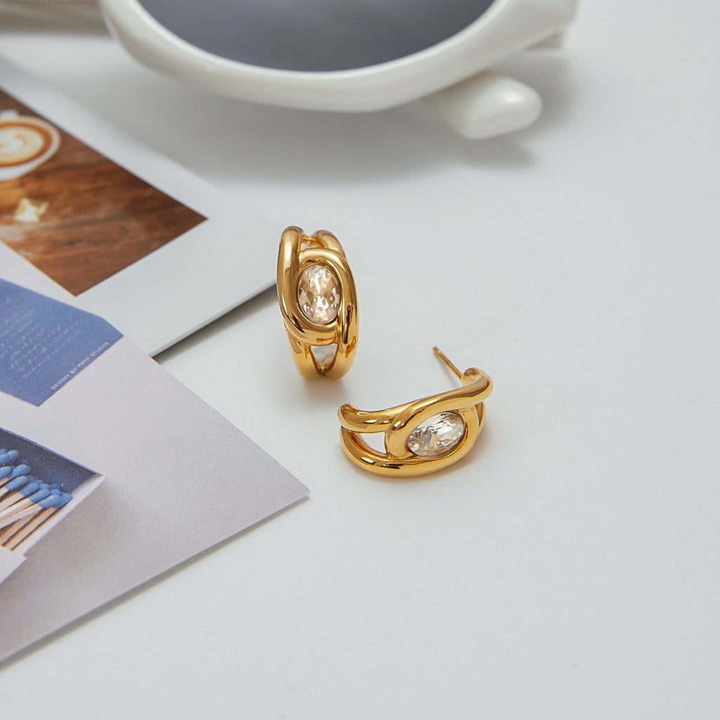 Golden stainless steel zircon stud earrings