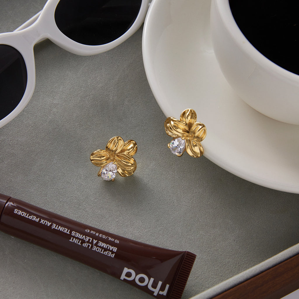 Golden stainless steel flower white zircon earrings and stud earrings