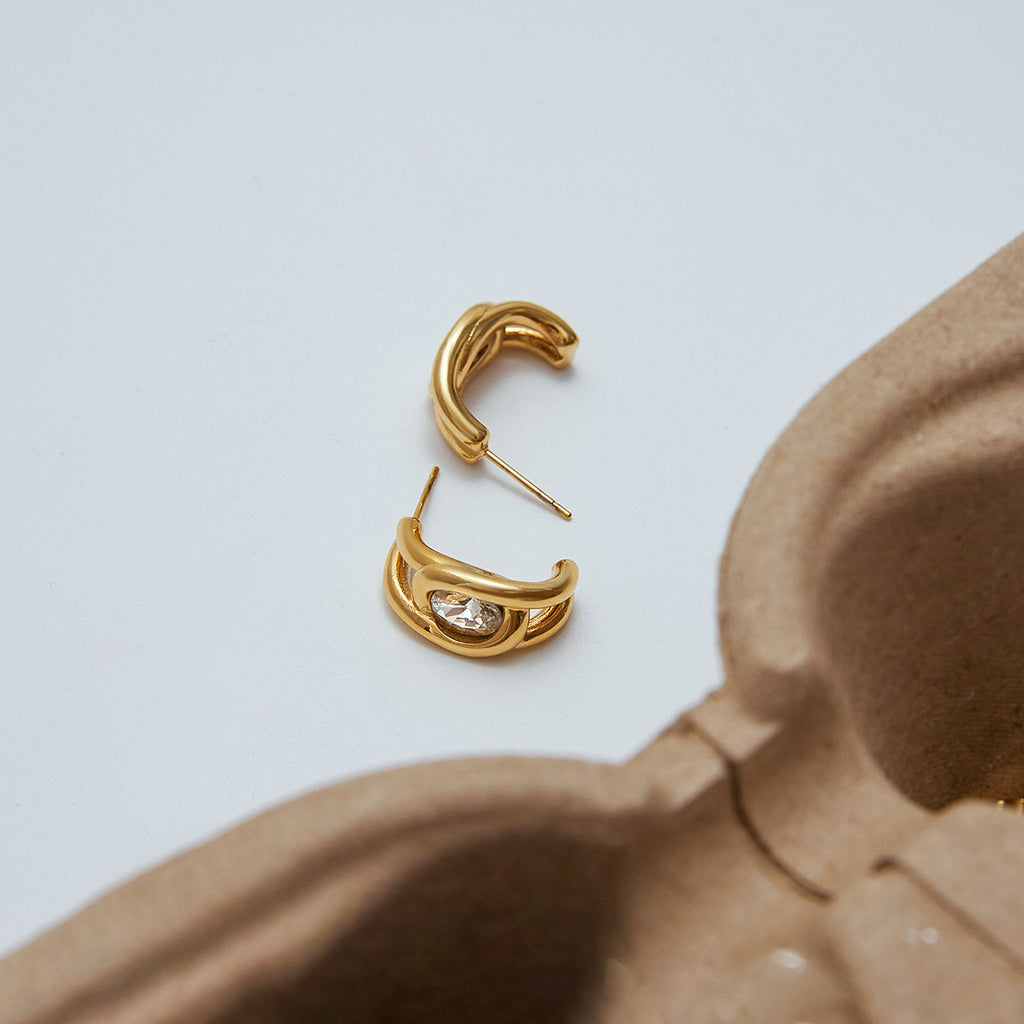 Golden stainless steel zircon stud earrings