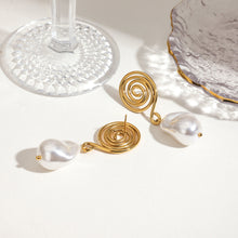 Load image into Gallery viewer, 18K gold stainless steel spiral circle imitation pearl pendant earrings