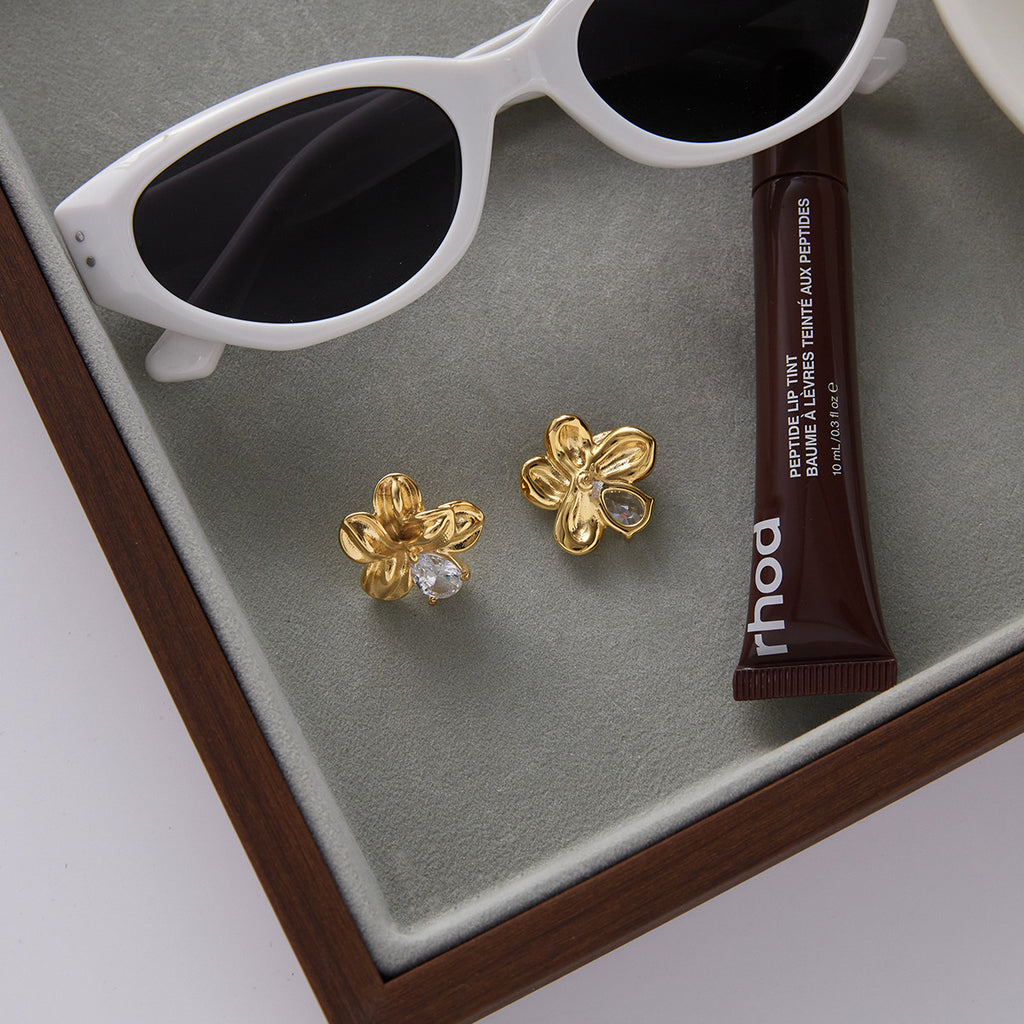 Golden stainless steel flower white zircon earrings and stud earrings