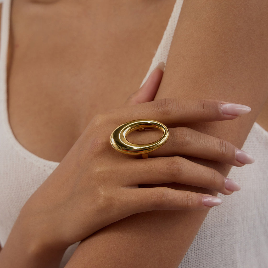 Stainless steel geometric oval hollowed-out ring