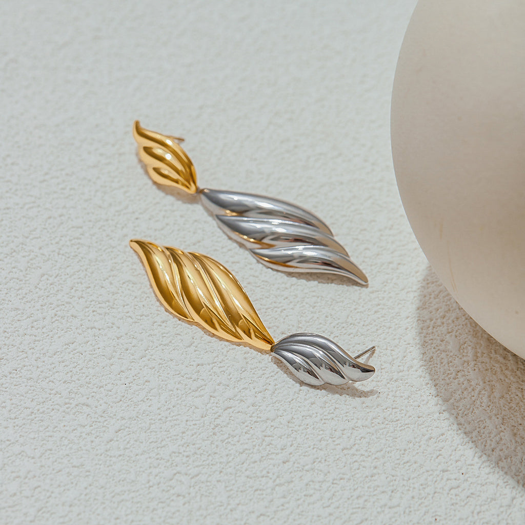 Stainless steel gold and silver color-matched leaf pendant earrings