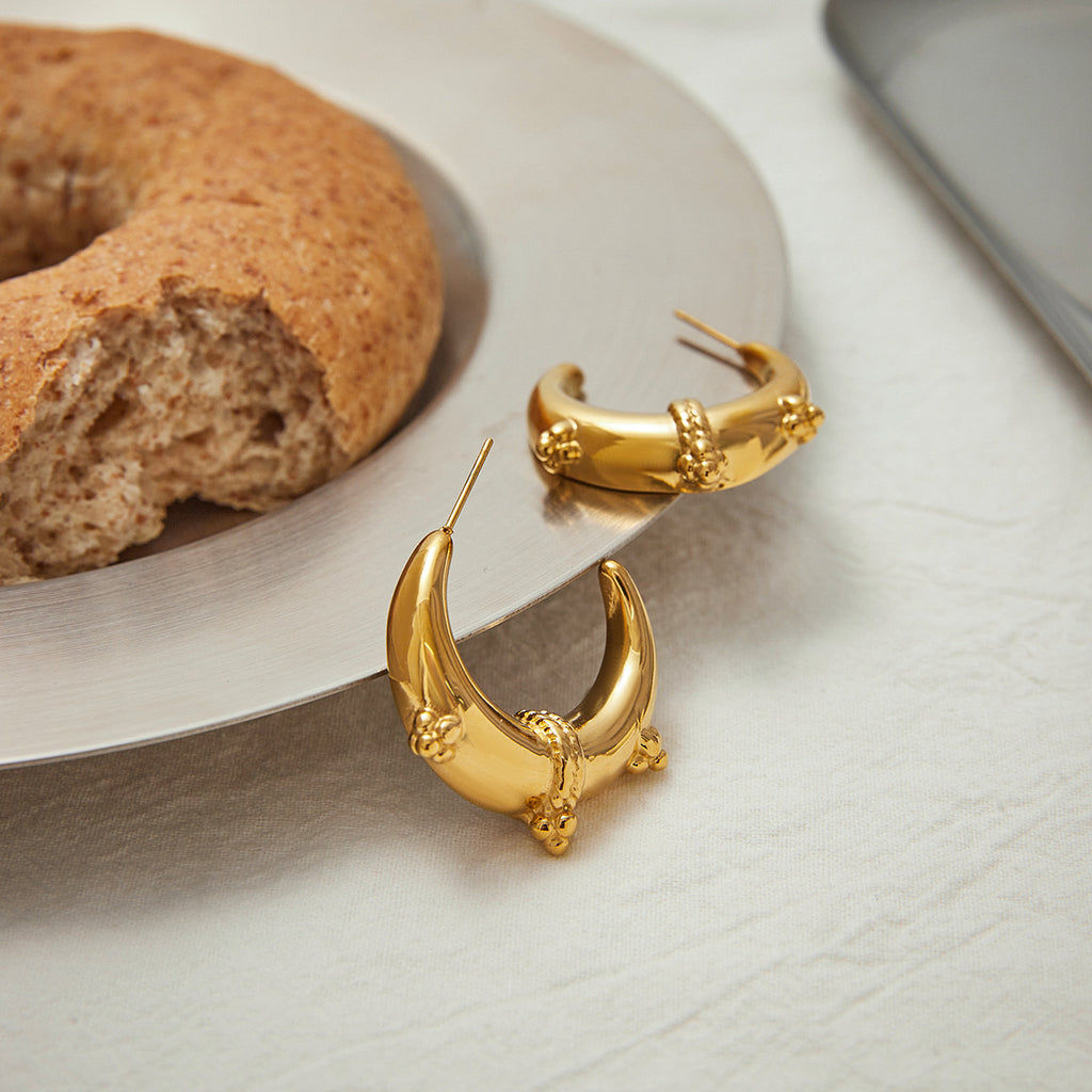 Golden stainless steel moon earrings