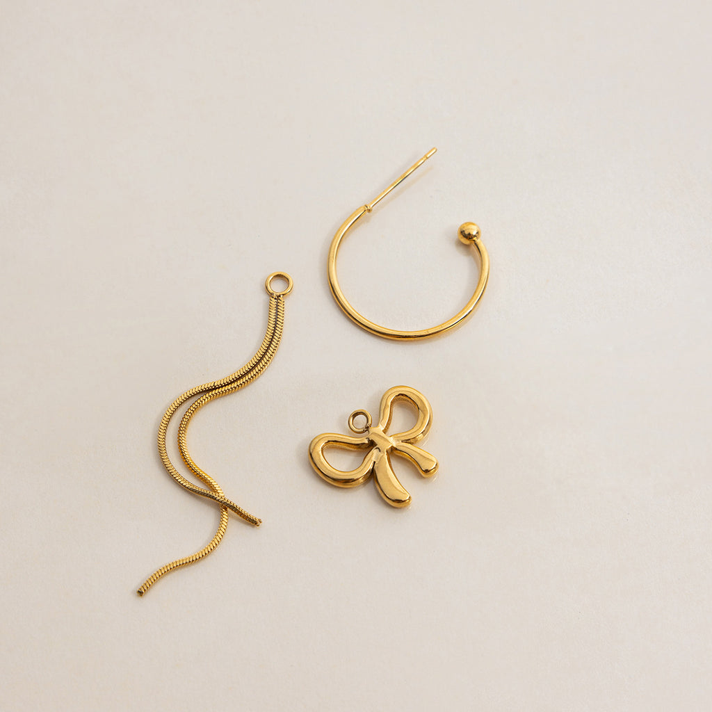 18K gold stainless steel hollow bow tassel C-shaped earrings