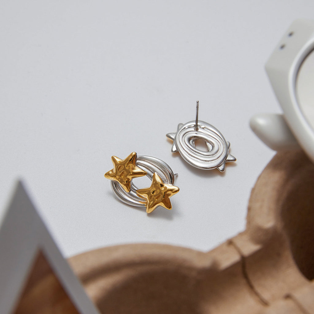 Stainless steel gold and silver color-matched five-pointed star stud earrings