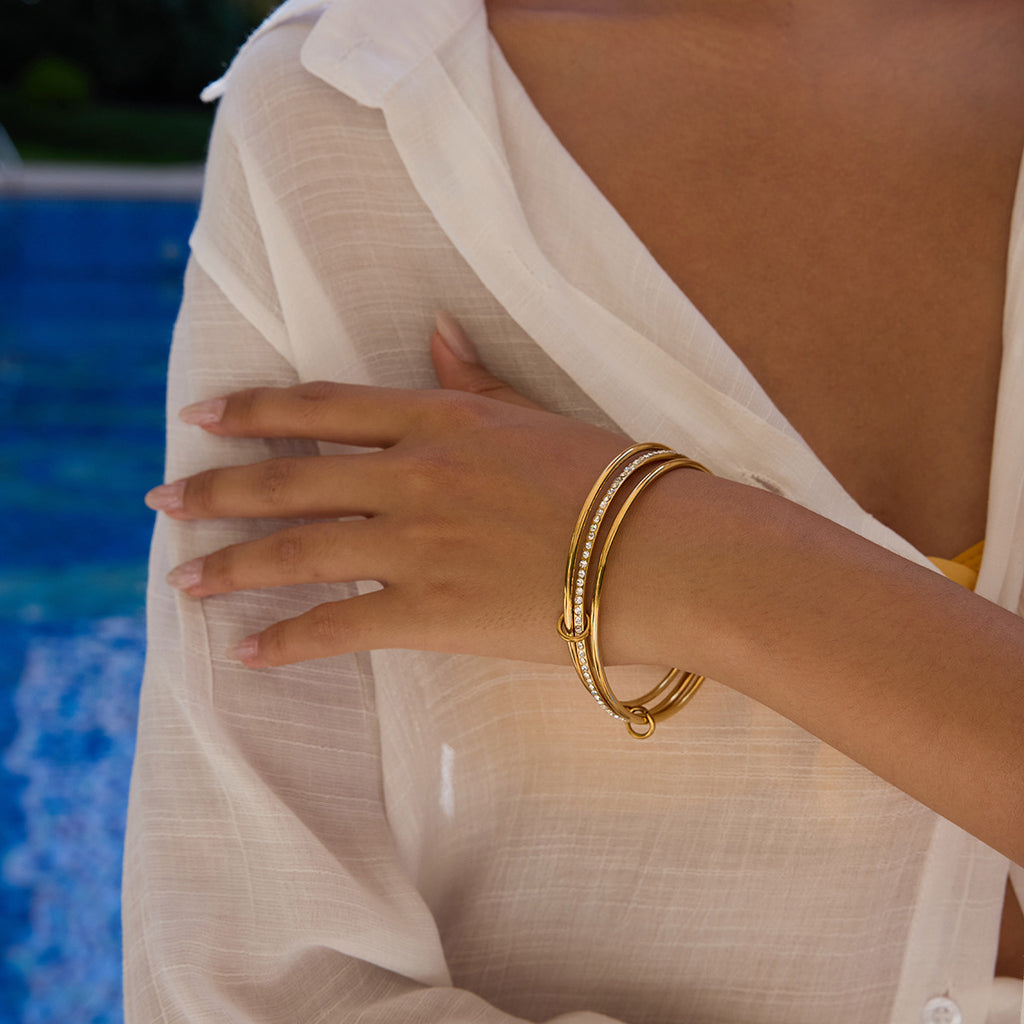 Stainless steel zircon bracelet plain ring 3-piece set